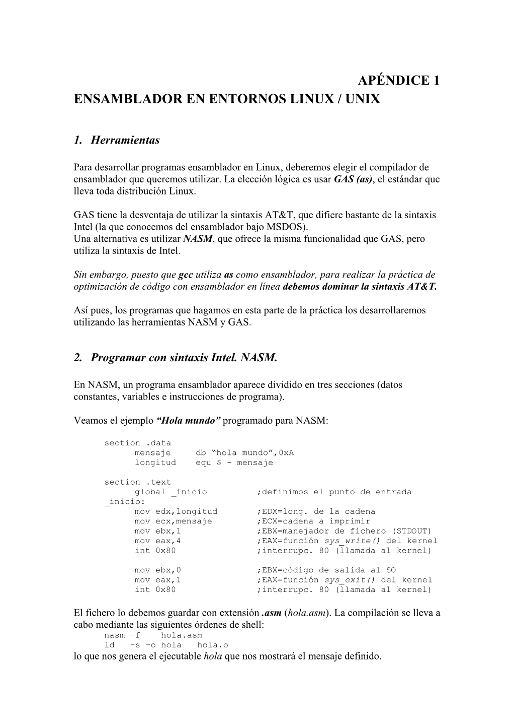 Apéndice 1 Ensamblador En Entornos Linux / Unix