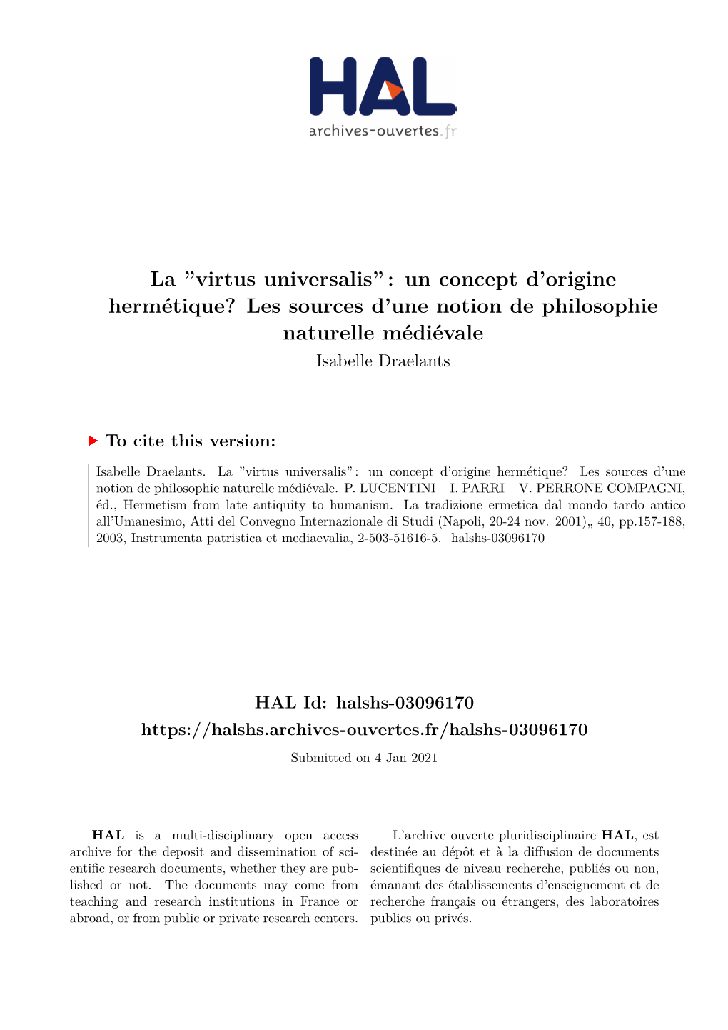 La ''Virtus Universalis'': Un Concept D'origine Hermétique?