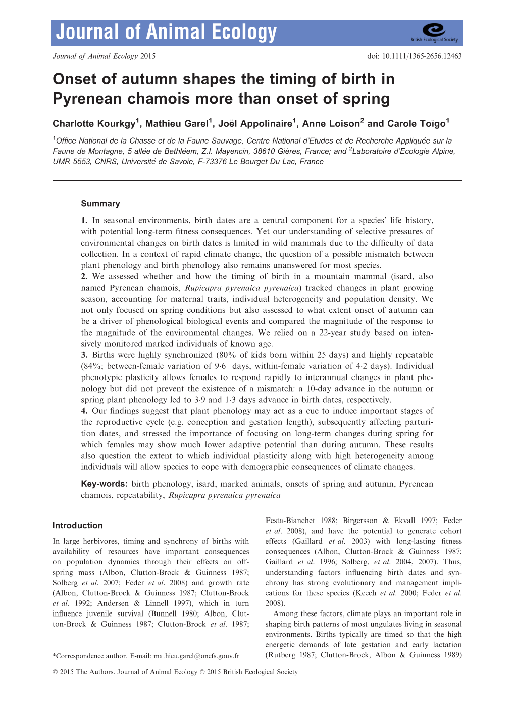 Onset of Autumn Shapes the Timing of Birth in Pyrenean Chamois More Than Onset of Spring