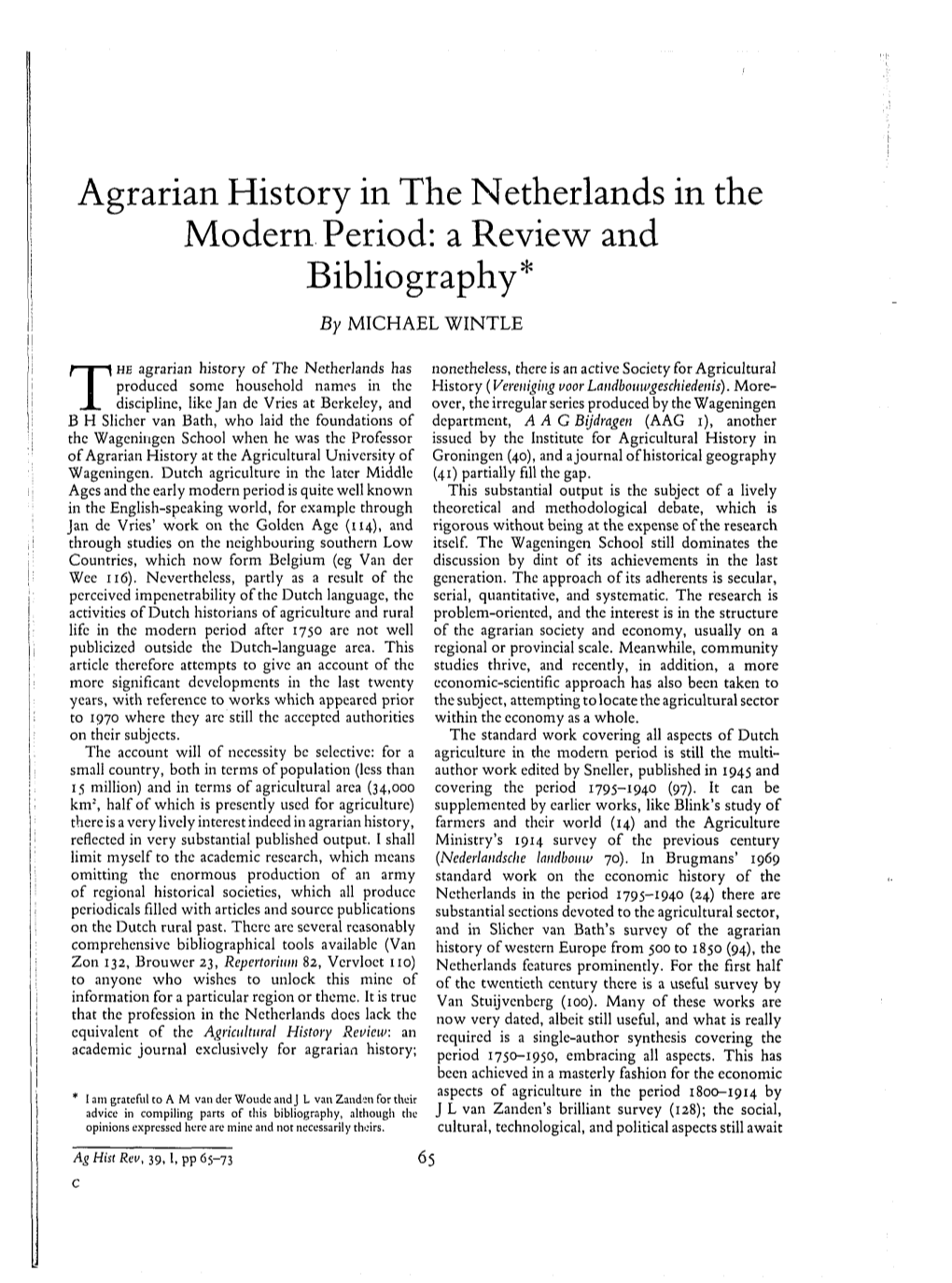 Agrarian History in the Netherlands in the Modern