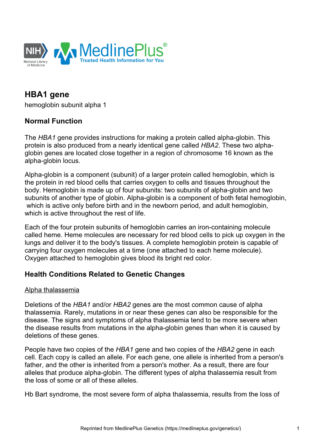 HBA1 Gene Hemoglobin Subunit Alpha 1