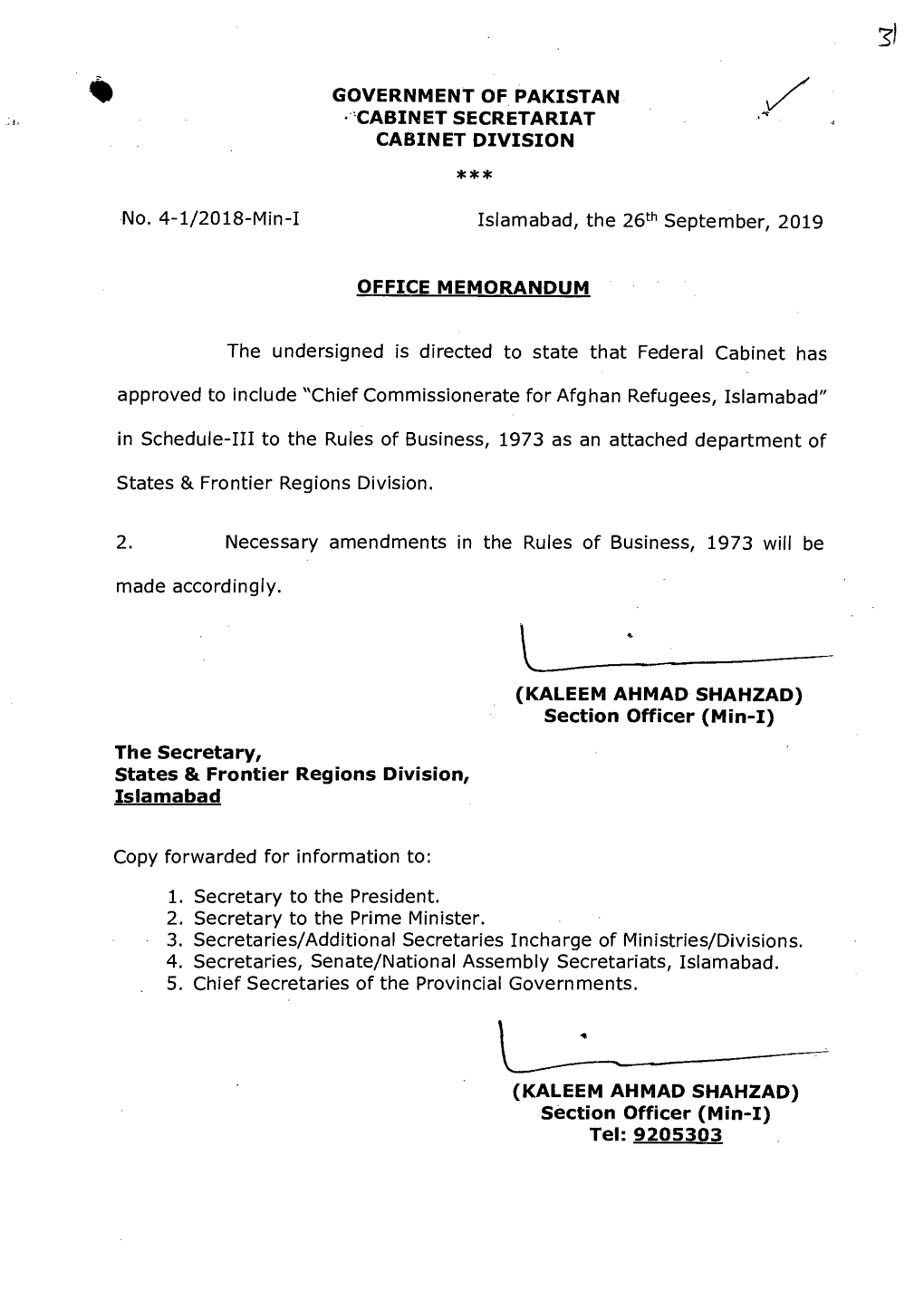 GOVERNMENT of PAKISTAN •CABINET SECRETARIAT CABINET DIVISION *** No. 4-1/2018-Min-I Islamabad, the 26Th September, 2019 OFFI