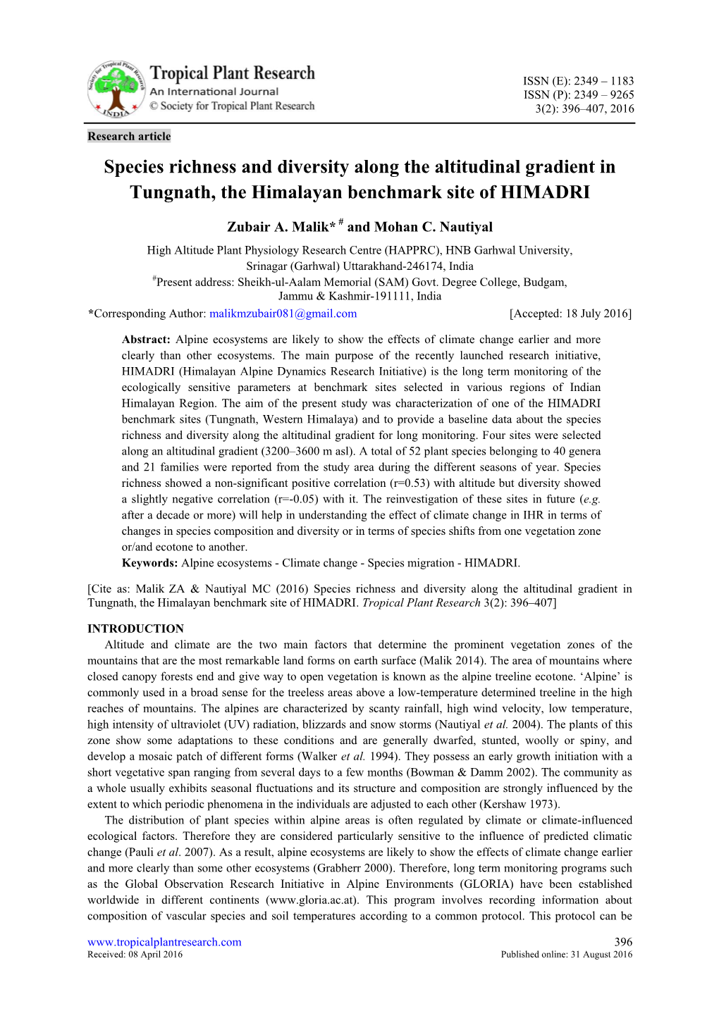 Species Richness and Diversity Along the Altitudinal Gradient in Tungnath, the Himalayan Benchmark Site of HIMADRI