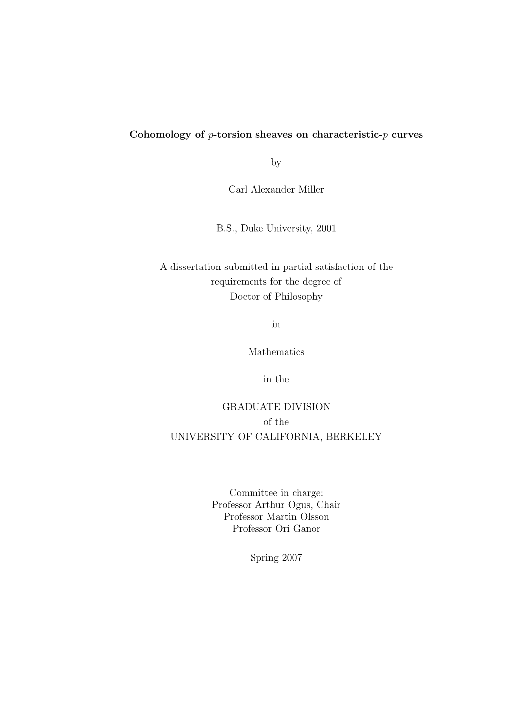 Cohomology of P-Torsion Sheaves on Characteristic-P Curves