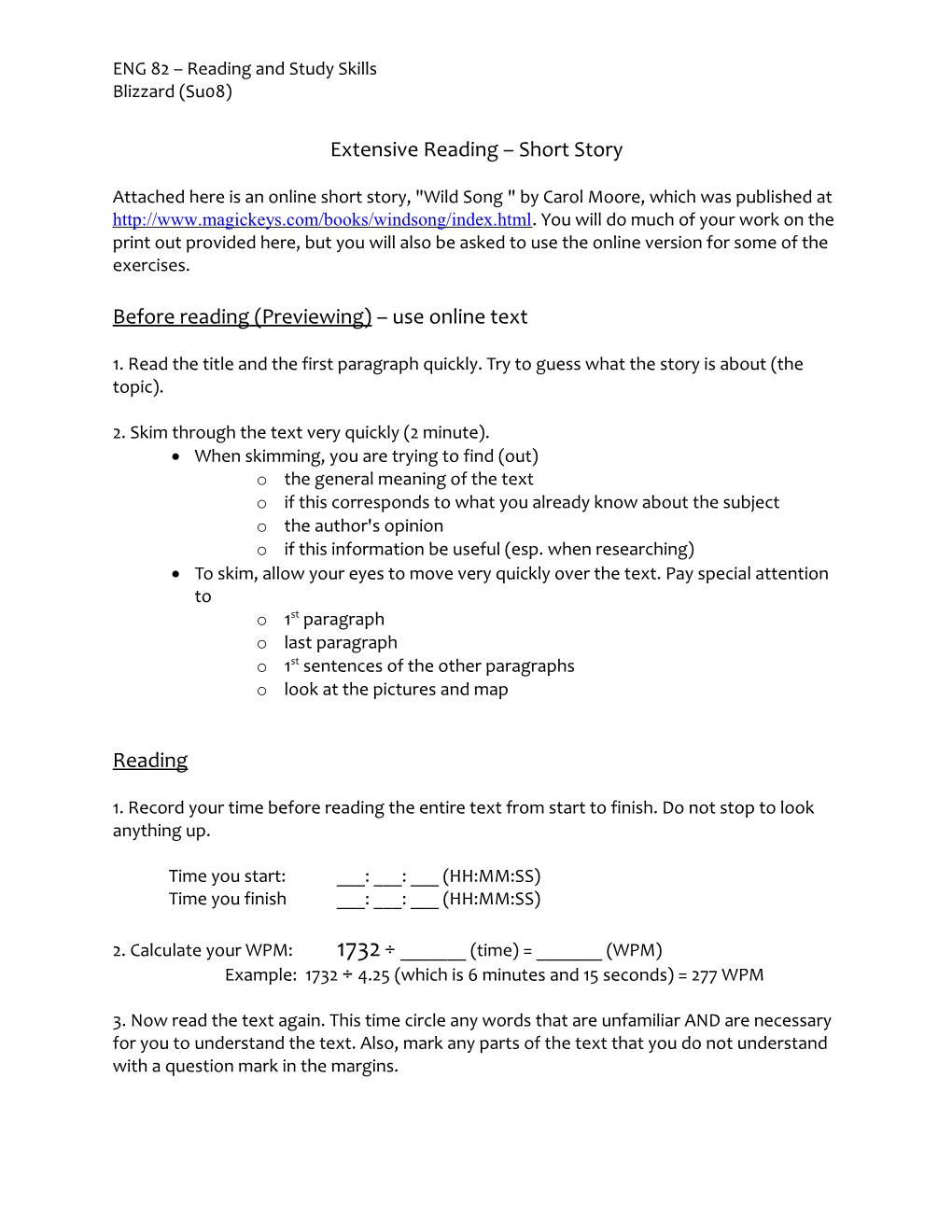 Reading Directions Short Story Week 4 Plus Text