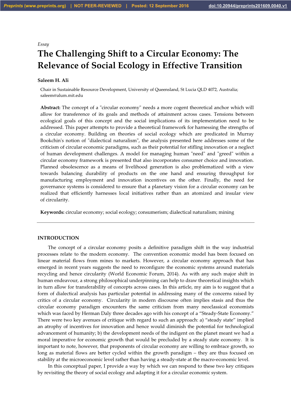 The Challenging Shift to a Circular Economy: the Relevance of Social Ecology in Effective Transition