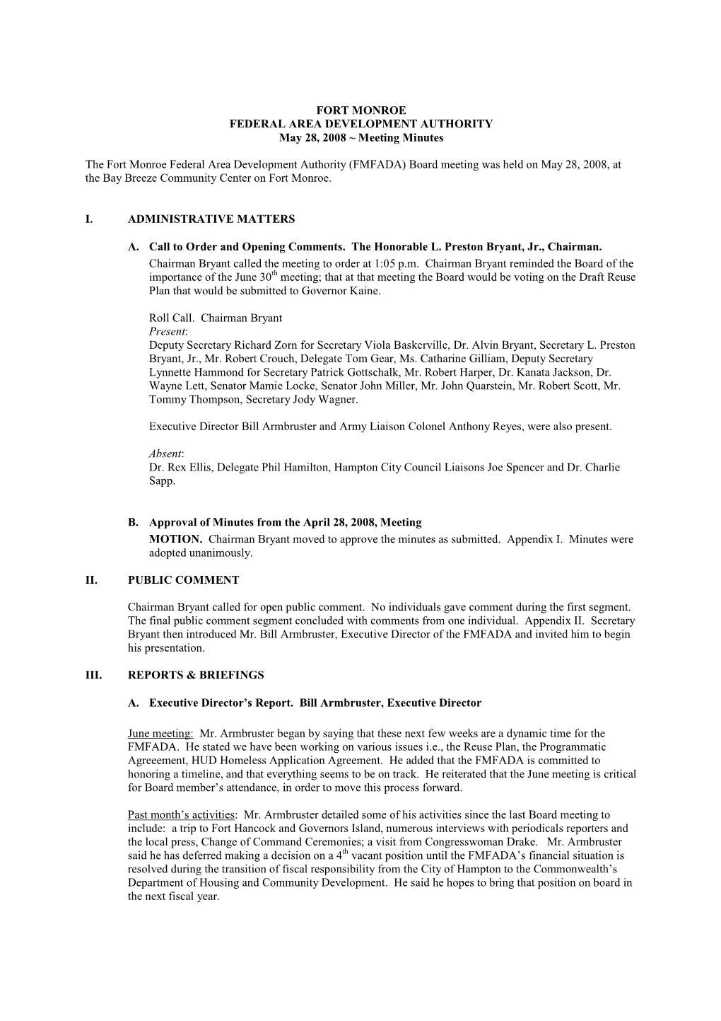 Meeting Minutes the Fort Monroe Federal Area Development Authority