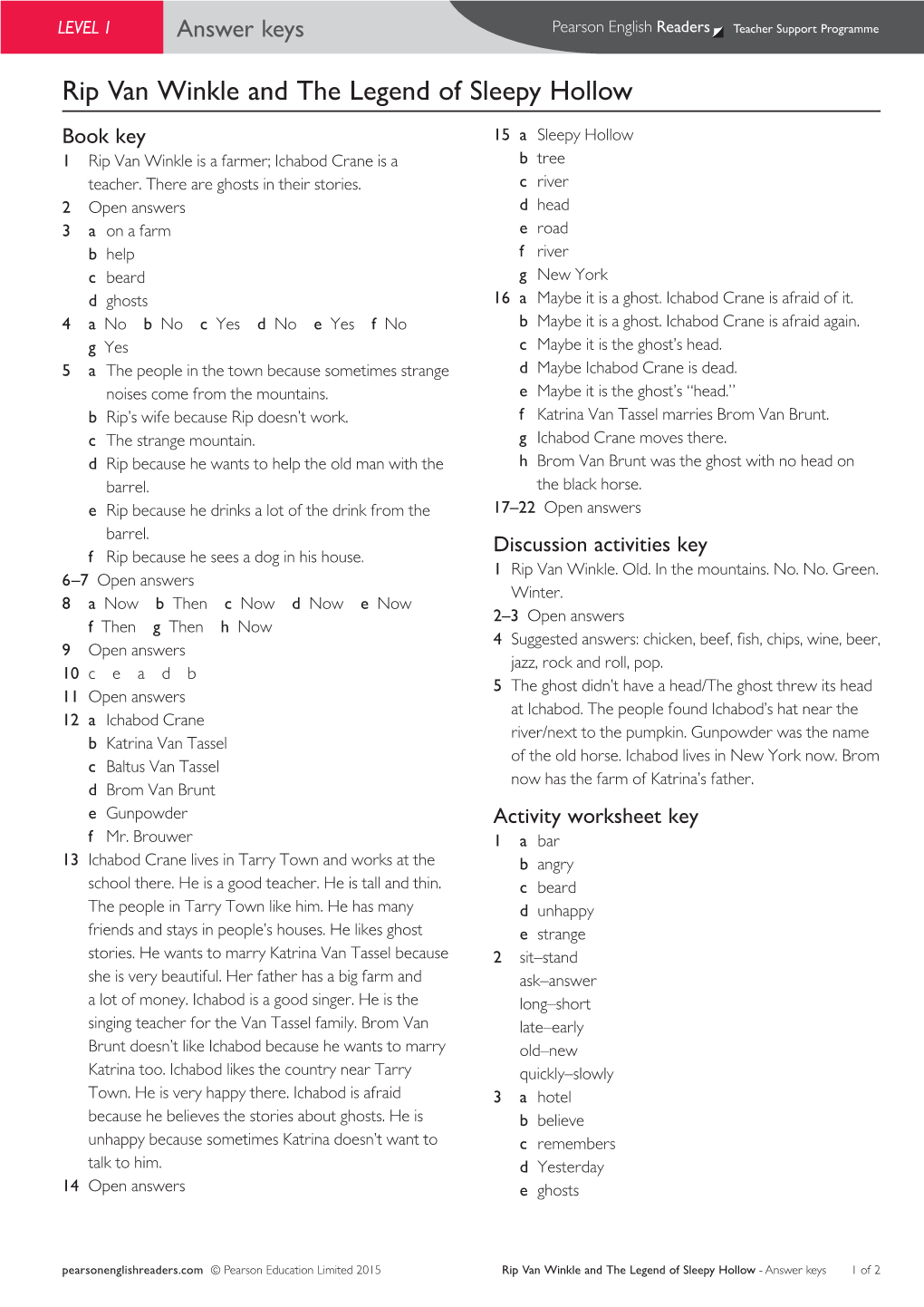 Rip Van Winkle and the Legend of Sleepy Hollow Book Key 15 a Sleepy Hollow Easystarts 1 Rip Van Winkle Is a Farmer; Ichabod Crane Is a B Tree Teacher