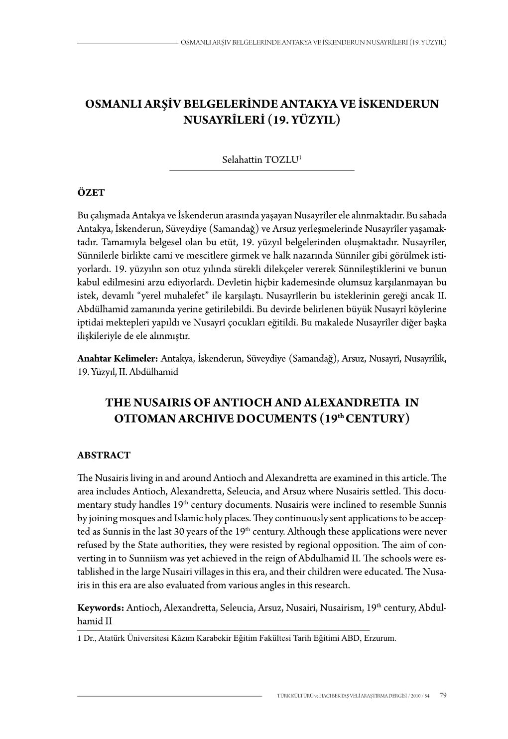 Osmanli Arşiv Belgelerinde Antakya Ve Iskenderun Nusayrîleri (19