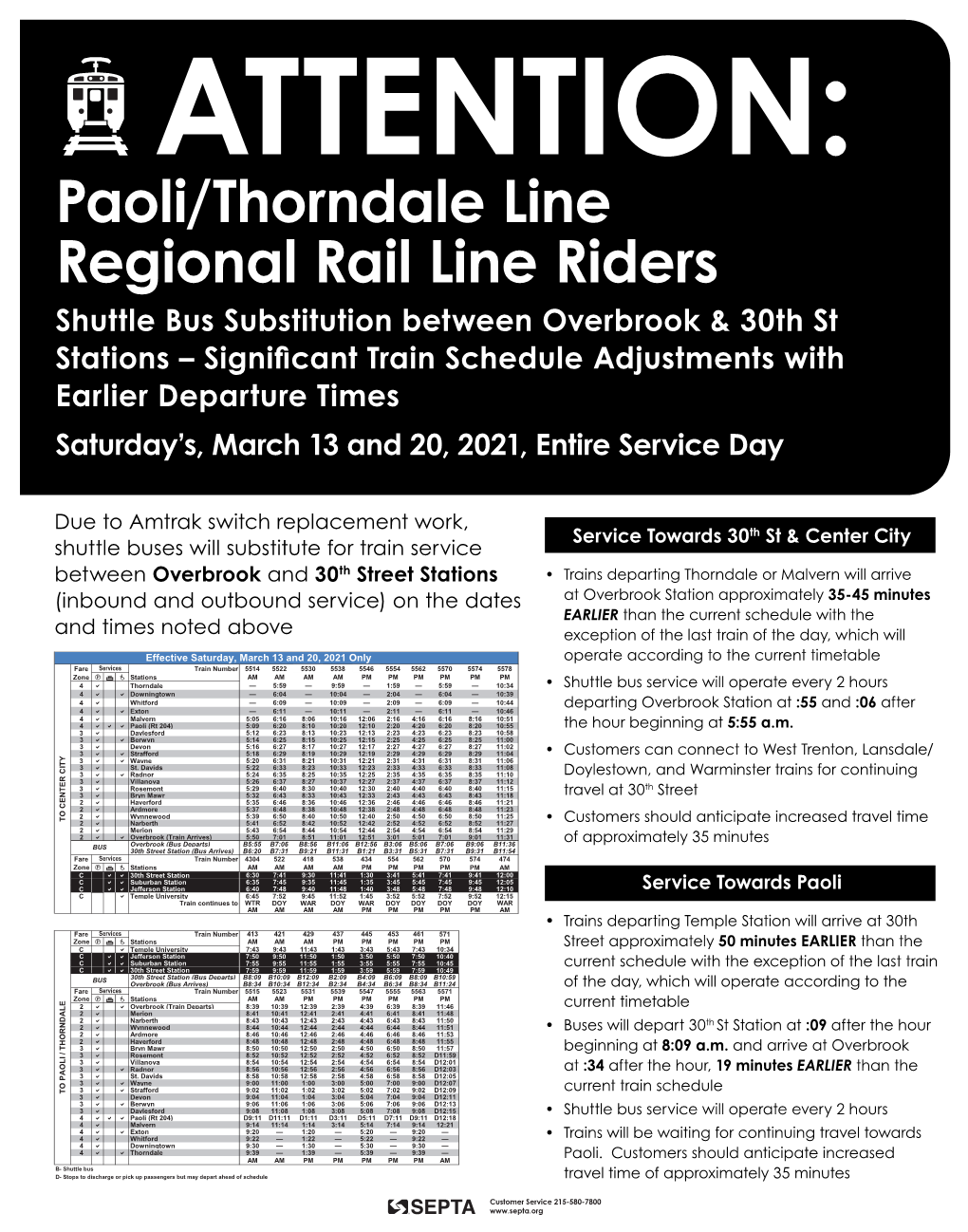 Shuttle Bus Substitution Between Overbrook & 30Th St Stations