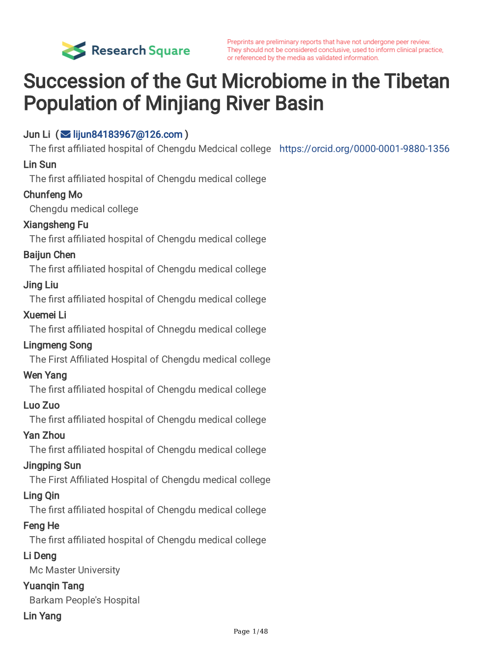 Succession of the Gut Microbiome in the Tibetan Population of Minjiang River Basin