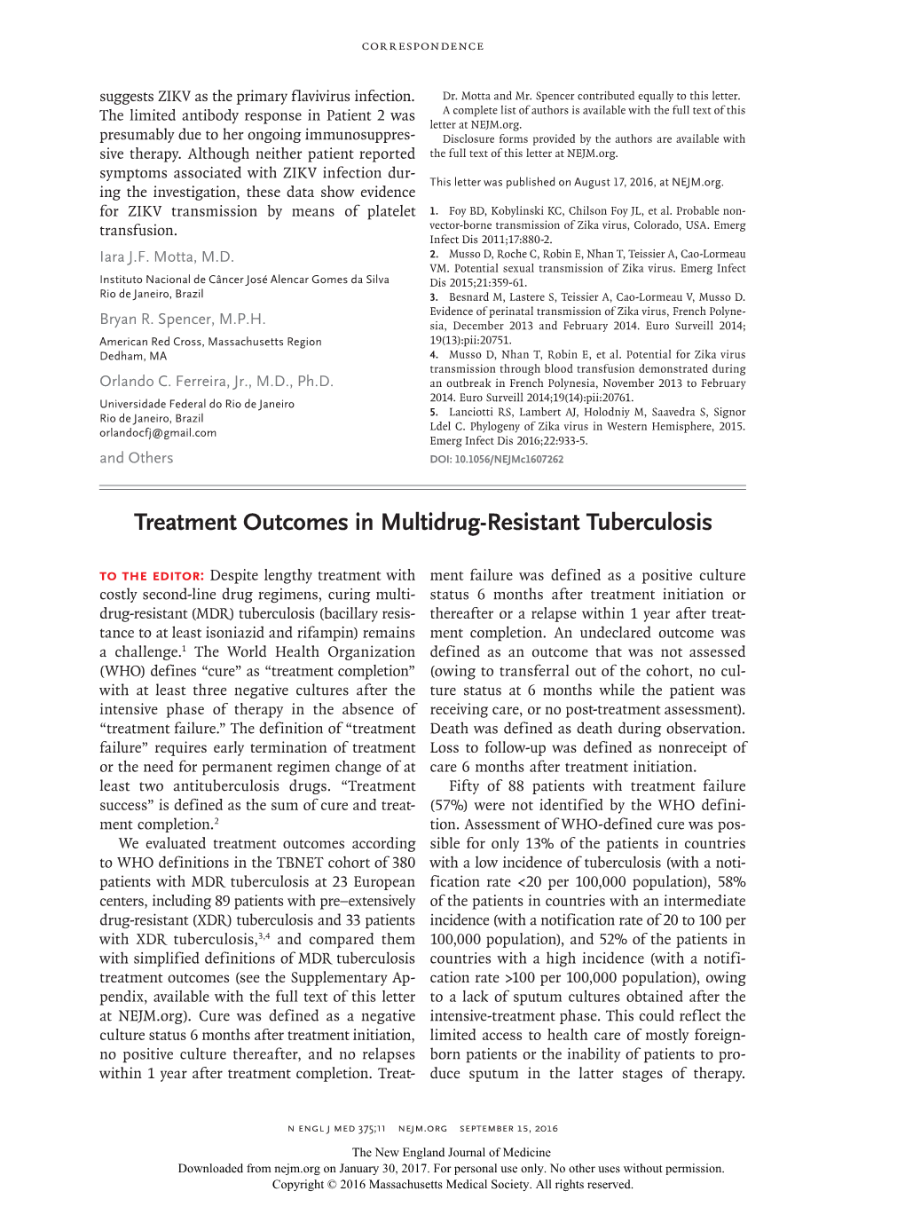 Treatment Outcomes in Multidrug-Resistant Tuberculosis