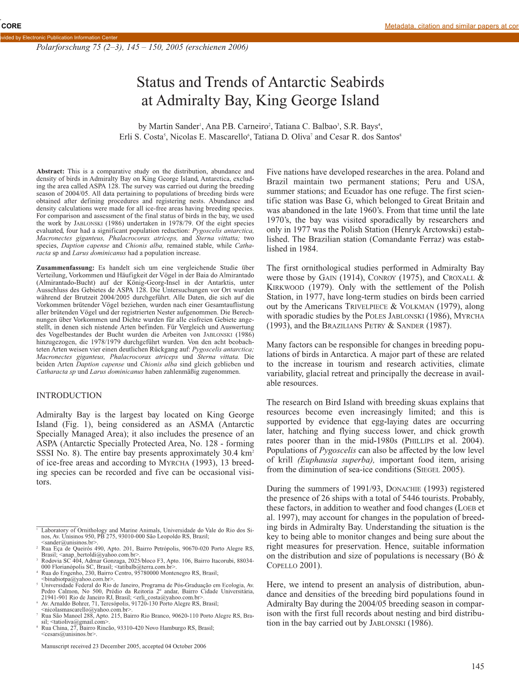 Status and Trends of Antarctic Seabirds at Admiralty Bay, King George Island