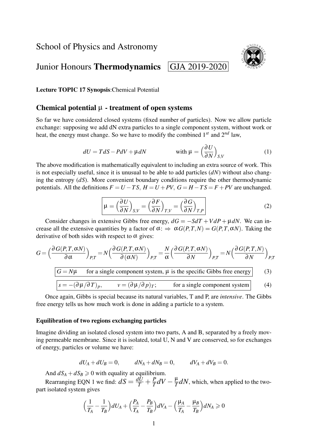 School of Physics and Astronomy Junior Honours Thermodynamics