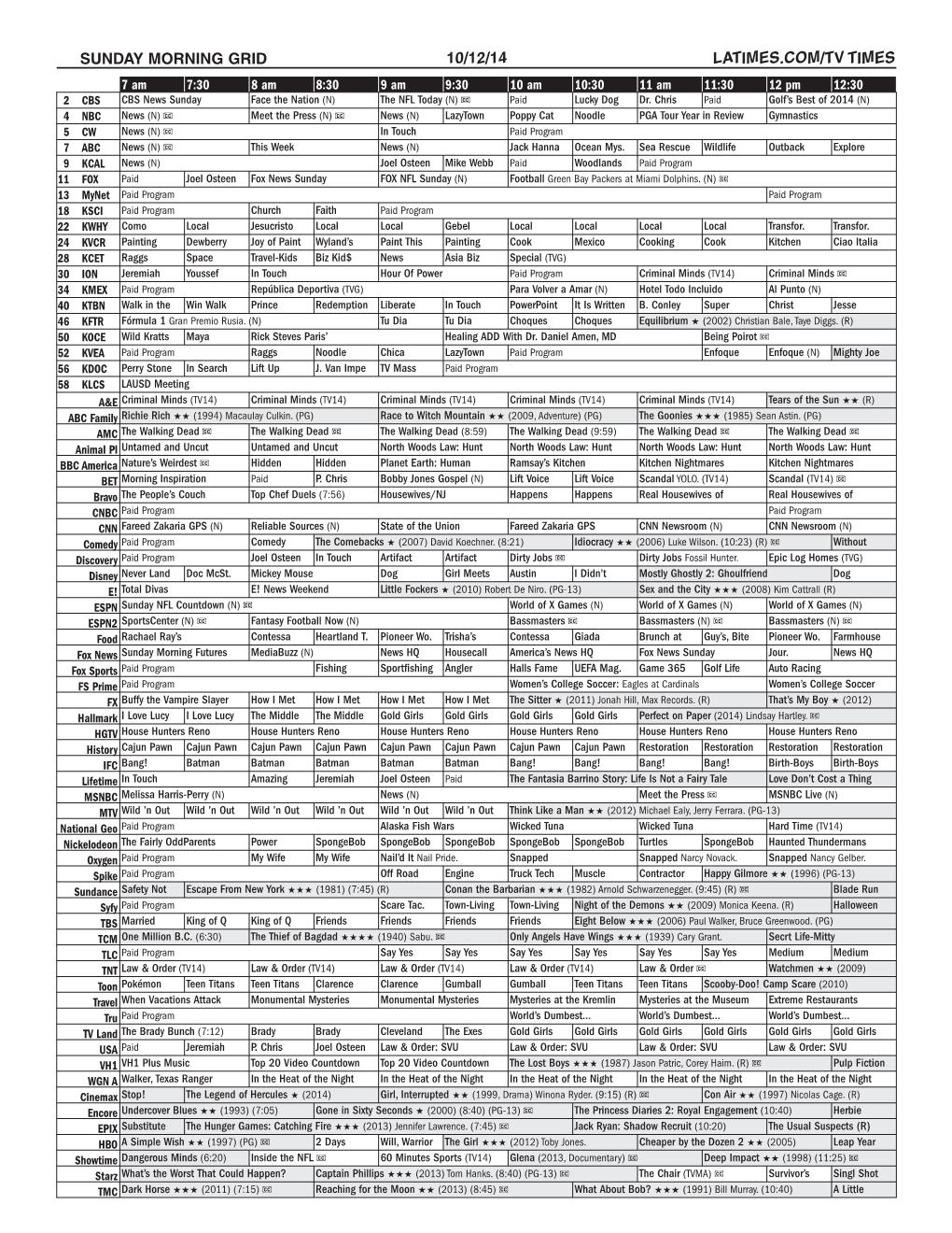 Sunday Morning Grid 10/12/14 Latimes.Com/Tv Times