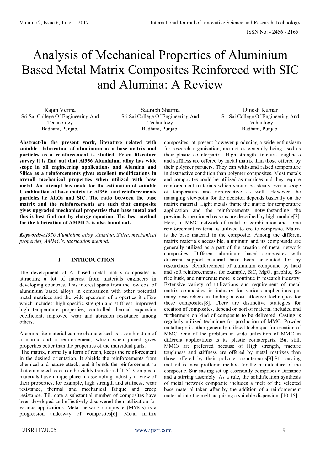 Analysis of Mechanical Properties of Aluminium Based Metal Matrix Composites Reinforced with SIC and Alumina: a Review