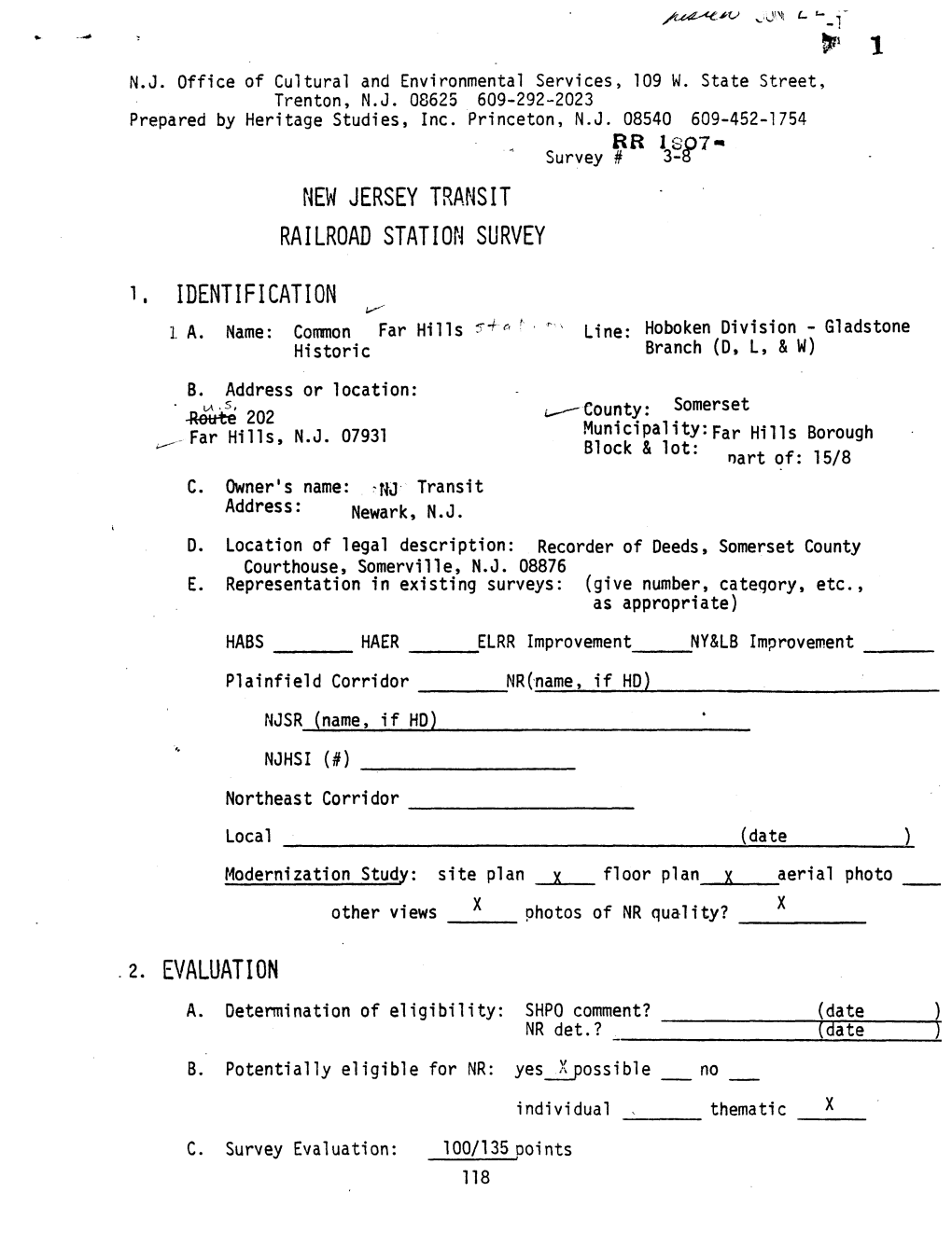 NEW JERSEY TRANSIT RAILROAD STATION SURVEY I, IDENTIFICATION 1 A