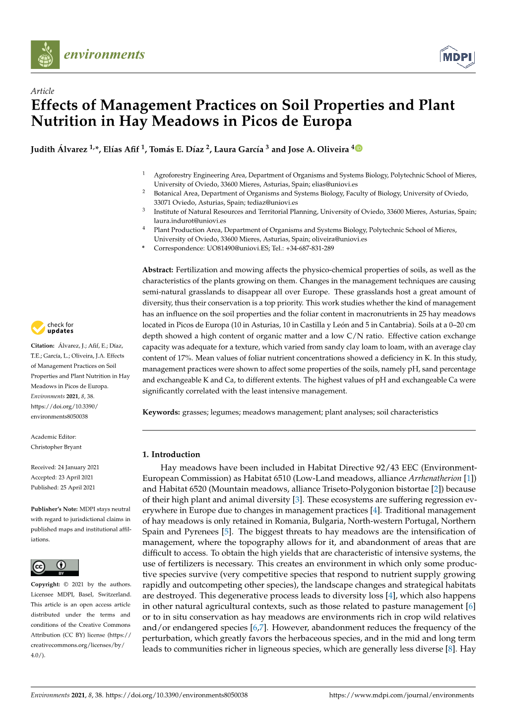 Effects of Management Practices on Soil Properties and Plant Nutrition in Hay Meadows in Picos De Europa