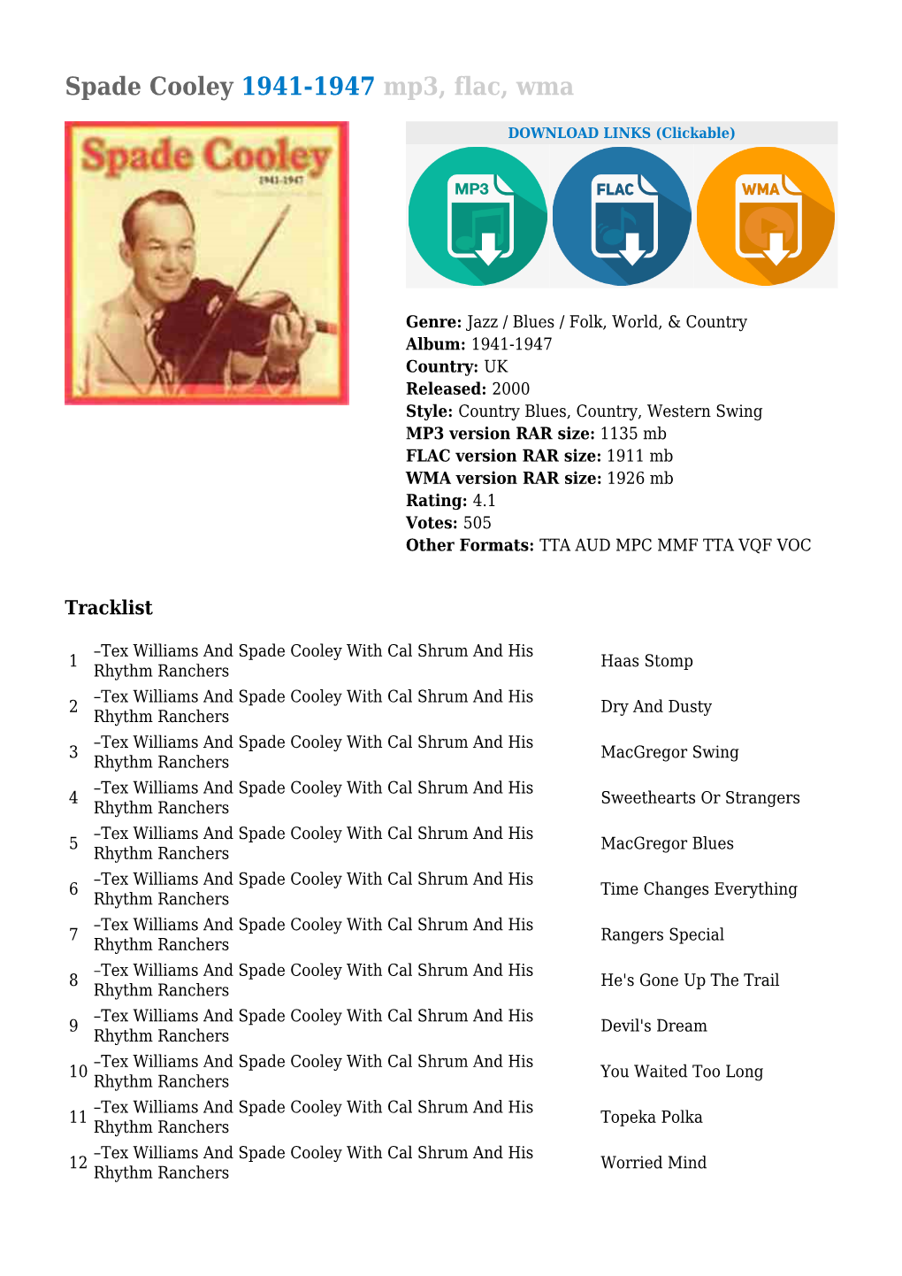 Spade Cooley 1941-1947 Mp3, Flac, Wma