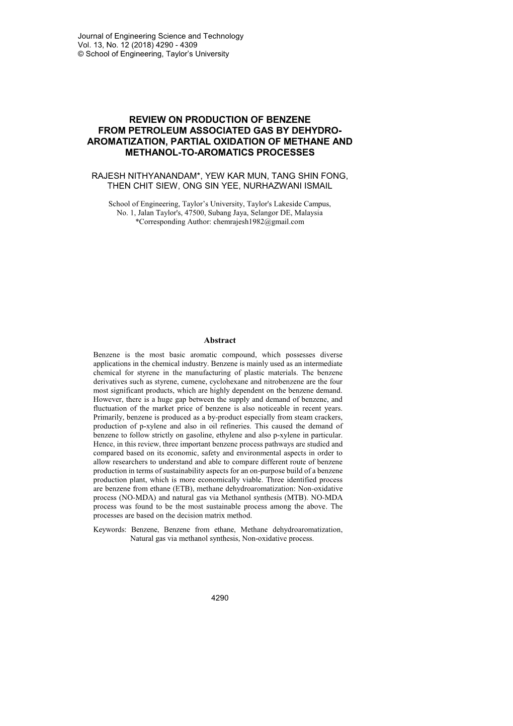 Review on Production of Benzene from Petroleum Associated Gas by Dehydro- Aromatization, Partial Oxidation of Methane and Methanol-To-Aromatics Processes