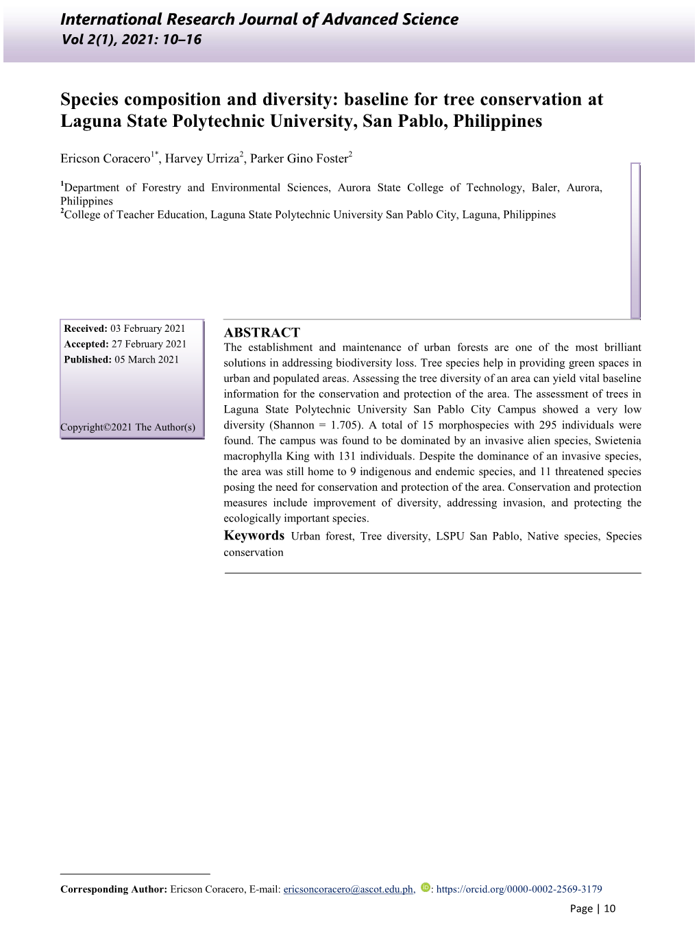 Species Composition and Diversity: Baseline for Tree Conservation at Laguna State Polytechnic University, San Pablo, Philippines