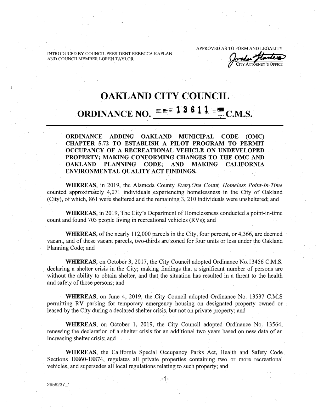 Oakland City Council Ordinance No. E 13 011~ C.M.S