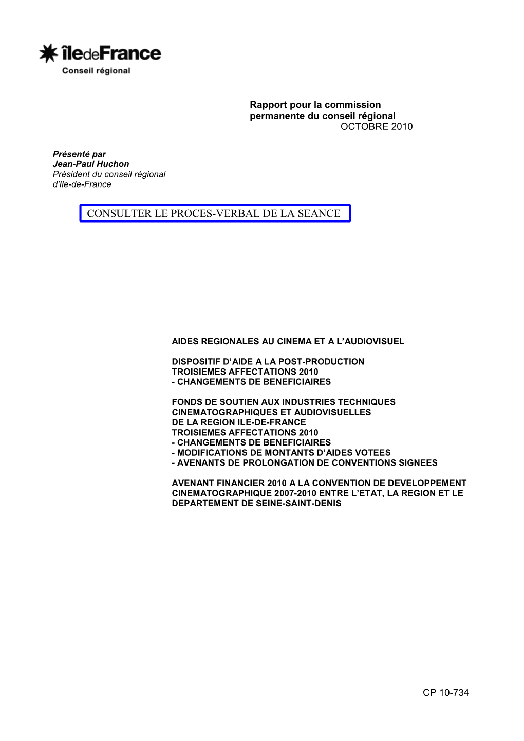 Rapport Pour La Commission Permanente Du Conseil Régional OCTOBRE 2010