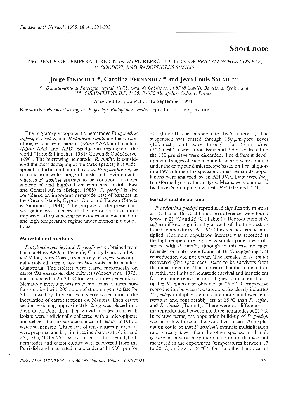 Influence of Temperature on in Vitro Reproduction of Pratylenchus Coffeae, P