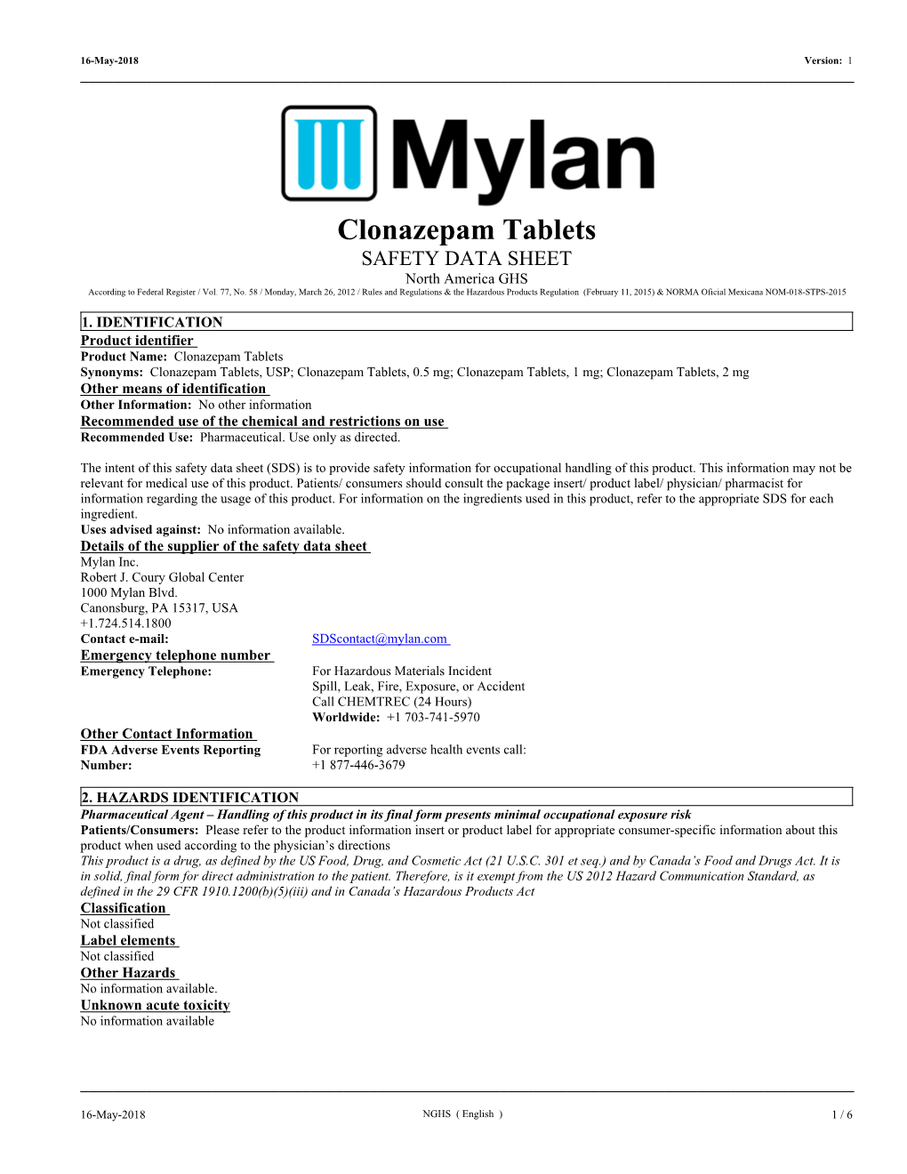 Clonazepam Tablets SAFETY DATA SHEET North America GHS According to Federal Register / Vol