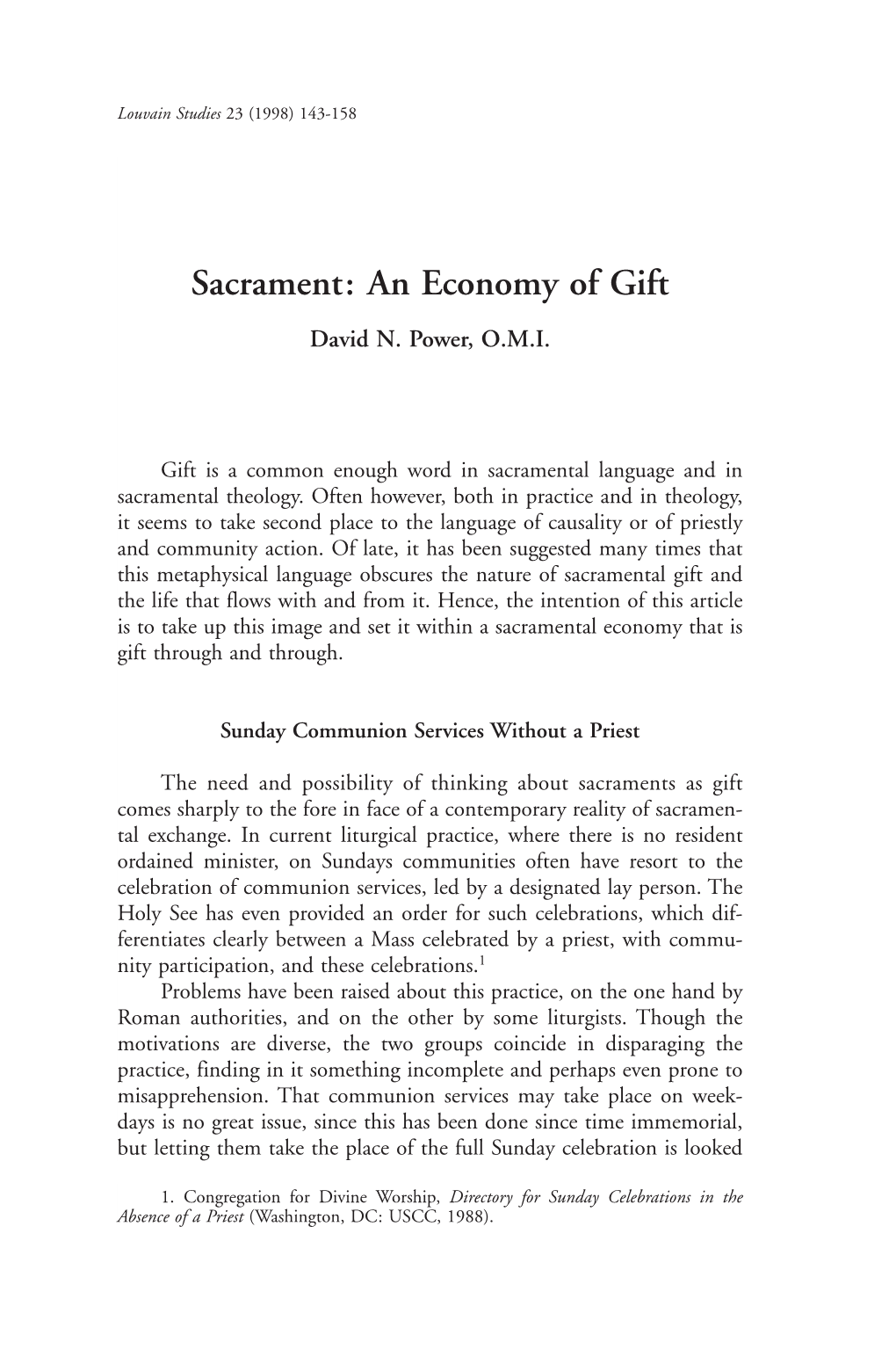 Sacrament: an Economy of Gift David N