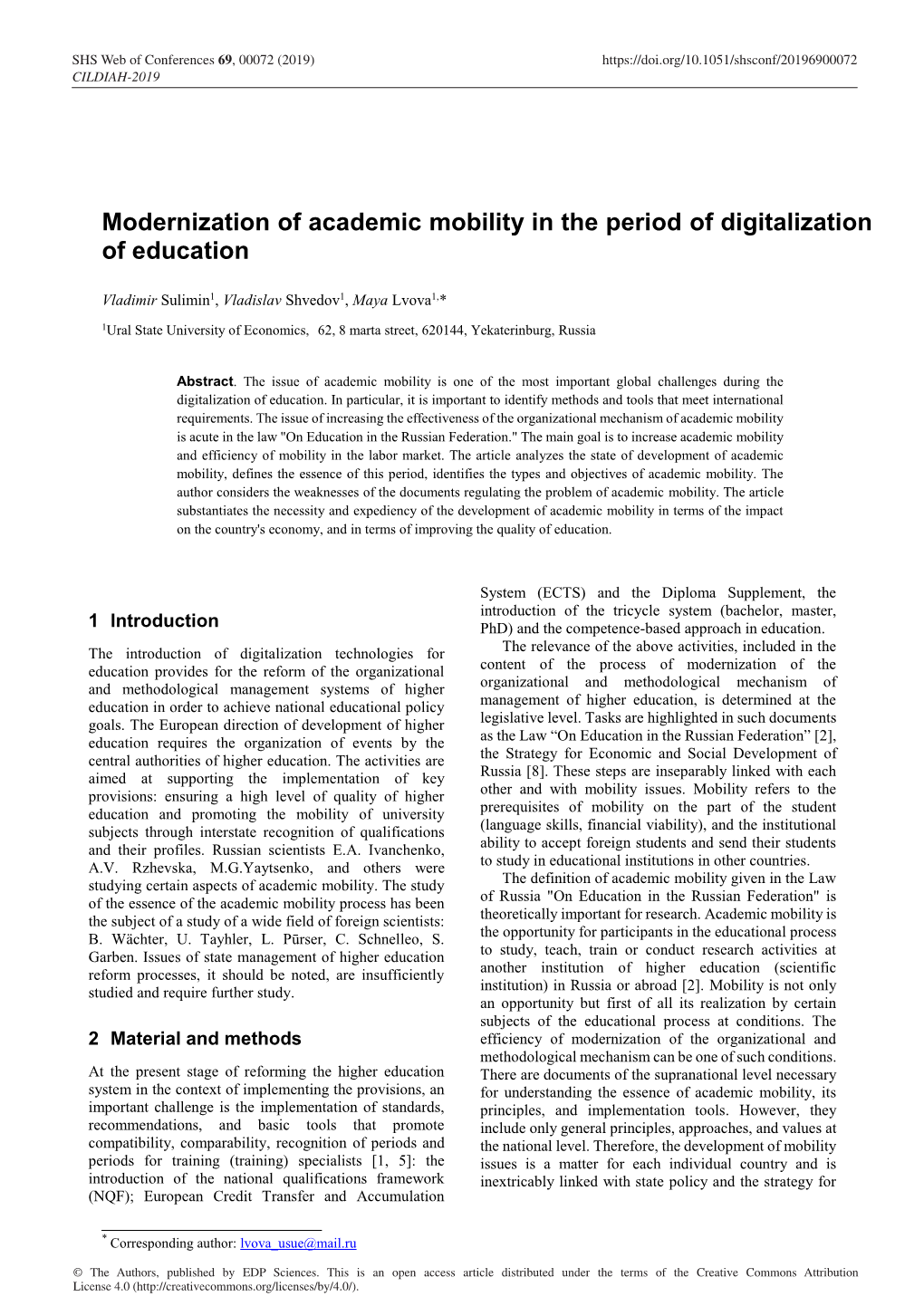 Modernization of Academic Mobility in the Period of Digitalization of Education