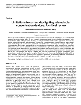 Limitations in Current Day Lighting Related Solar Concentration Devices: a Critical Review