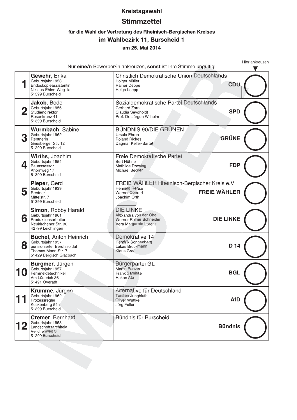 Stimmzettel Für Die Wahl Der Vertretung Des Rheinisch-Bergischen Kreises Im Wahlbezirk 11, Burscheid 1 Am 25