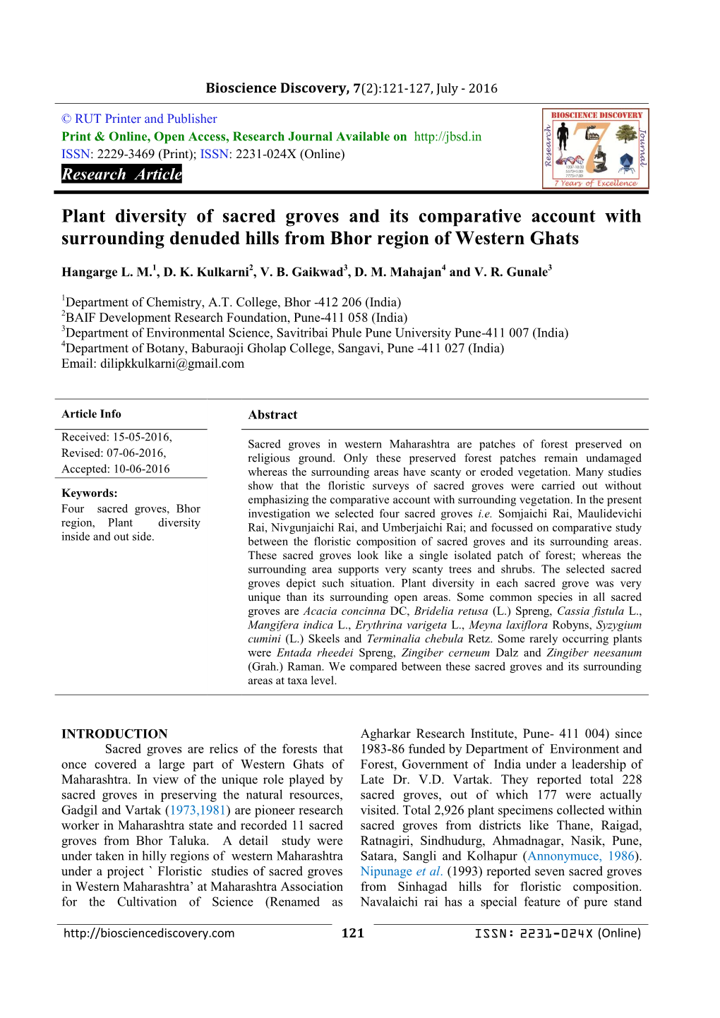 Plant Diversity of Sacred Groves and Its Comparative Account with Surrounding Denuded Hills from Bhor Region of Western Ghats