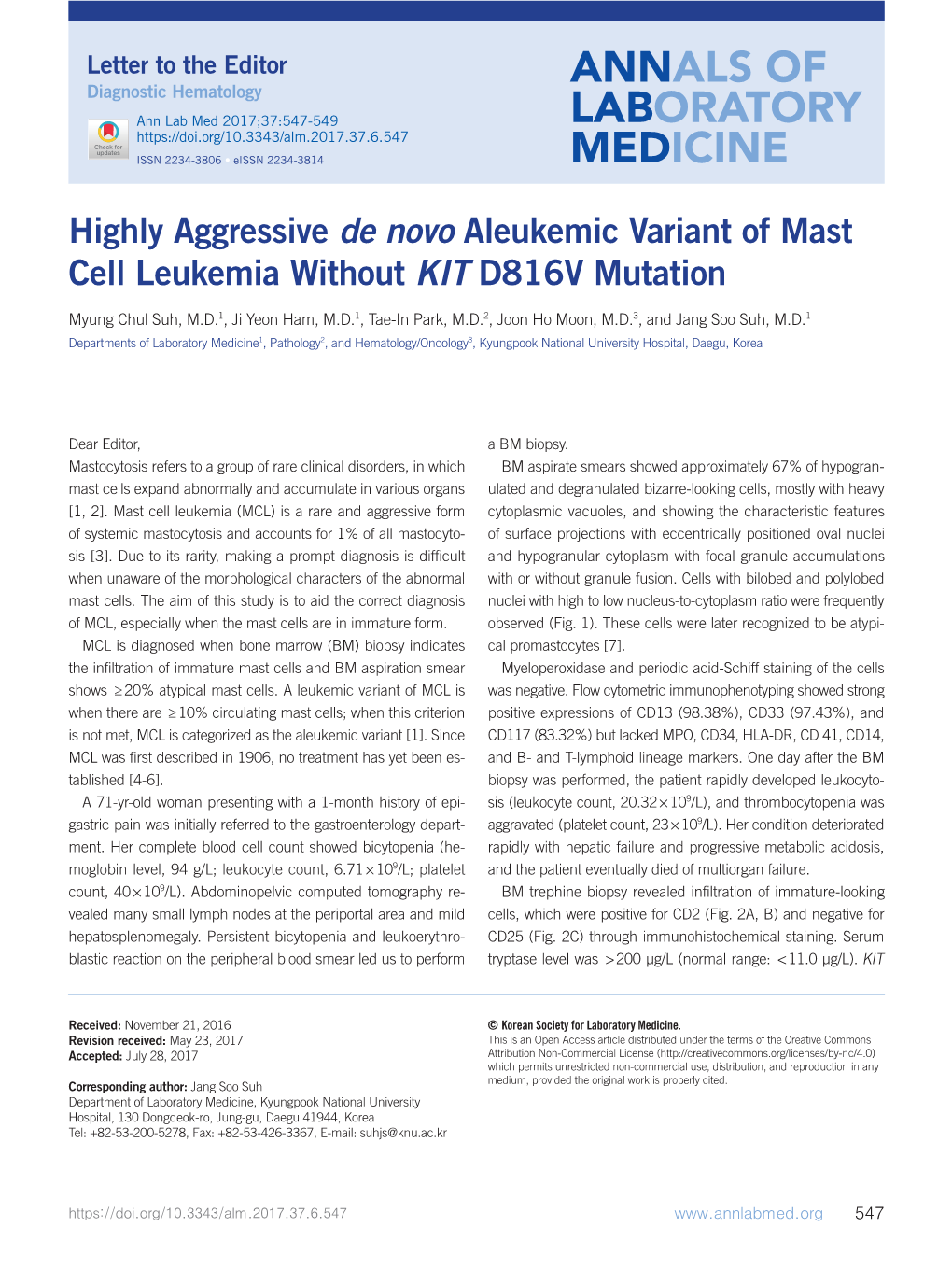 Highly Aggressive De Novo Aleukemic Variant of Mast Cell Leukemia Without KIT D816V Mutation