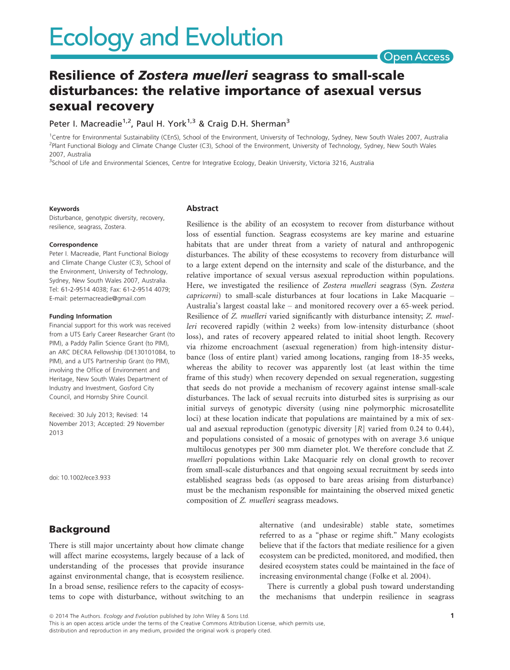 Resilience of Zostera Muelleri Seagrass to Smallscale Disturbances