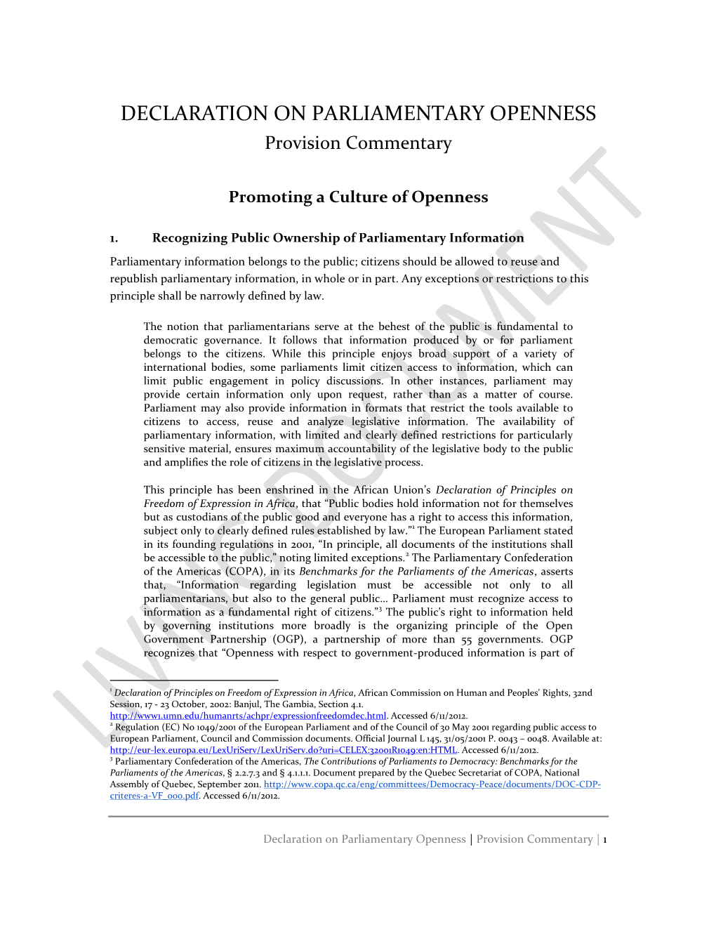 DECLARATION on PARLIAMENTARY OPENNESS Provision Commentary