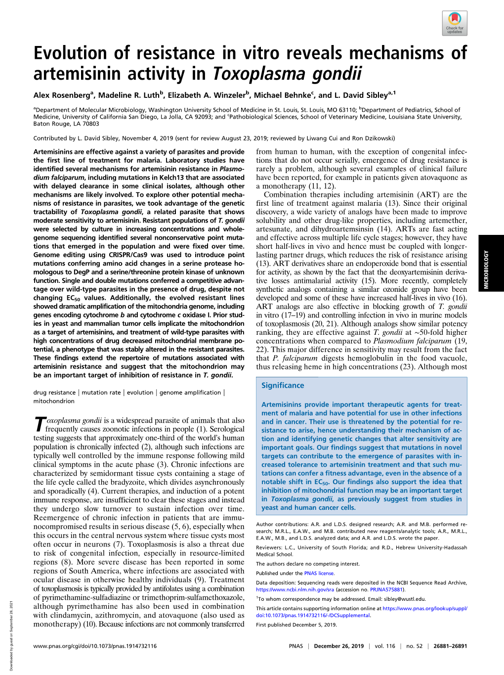 Evolution of Resistance in Vitro Reveals Mechanisms of Artemisinin Activity in Toxoplasma Gondii