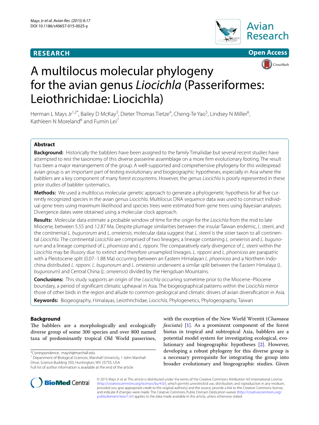 A Multilocus Molecular Phylogeny for the Avian Genus Liocichla