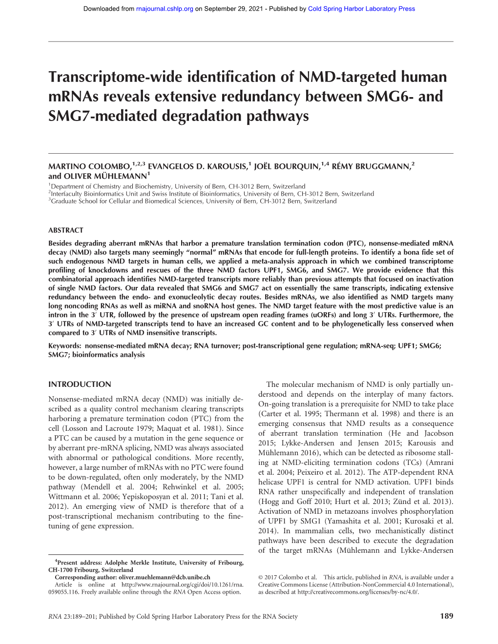 Transcriptome-Wide Identification of NMD-Targeted Human Mrnas Reveals Extensive Redundancy Between SMG6- and SMG7-Mediated Degradation Pathways