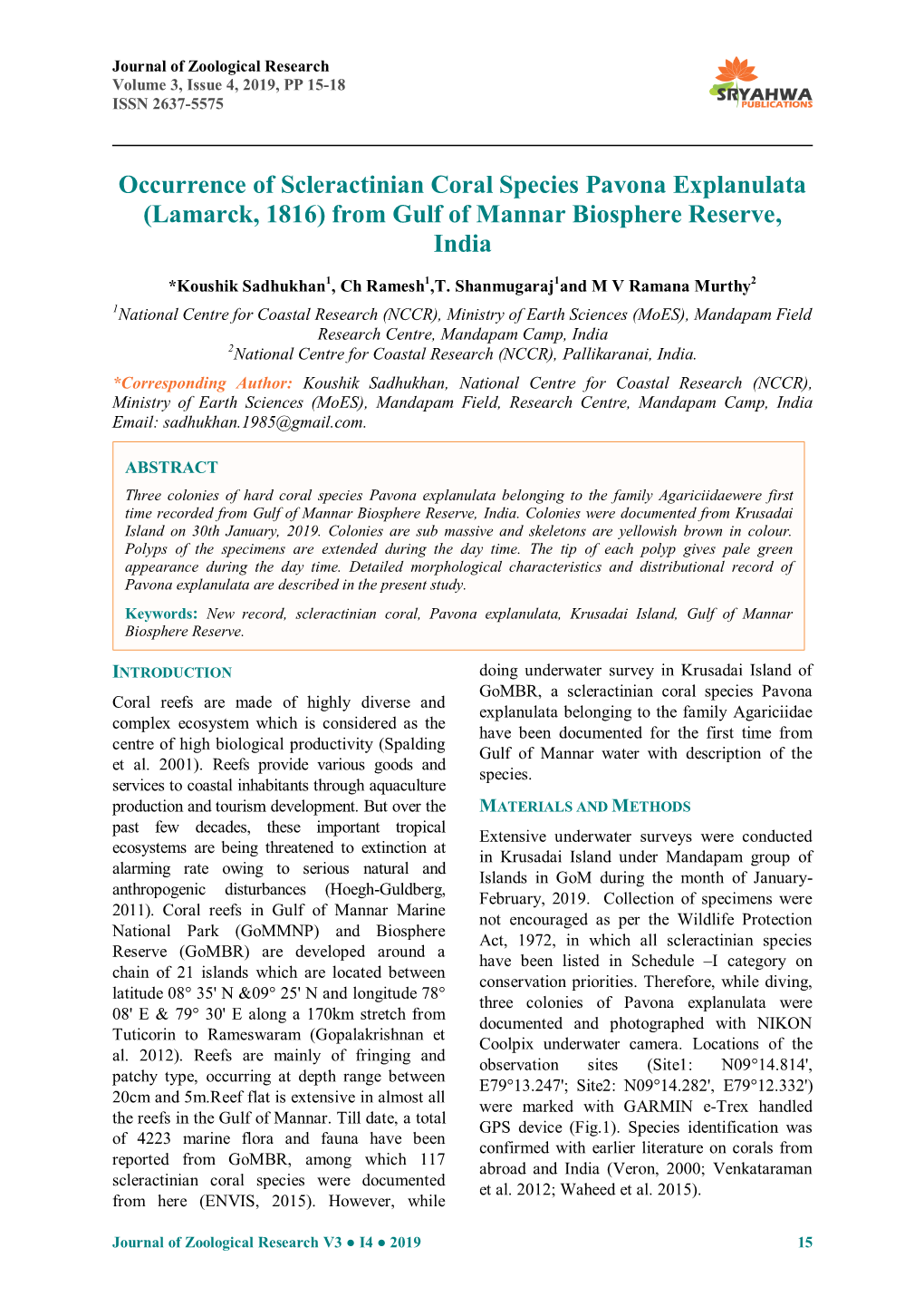 Occurrence of Scleractinian Coral Species Pavona Explanulata (Lamarck, 1816) from Gulf of Mannar Biosphere Reserve, India