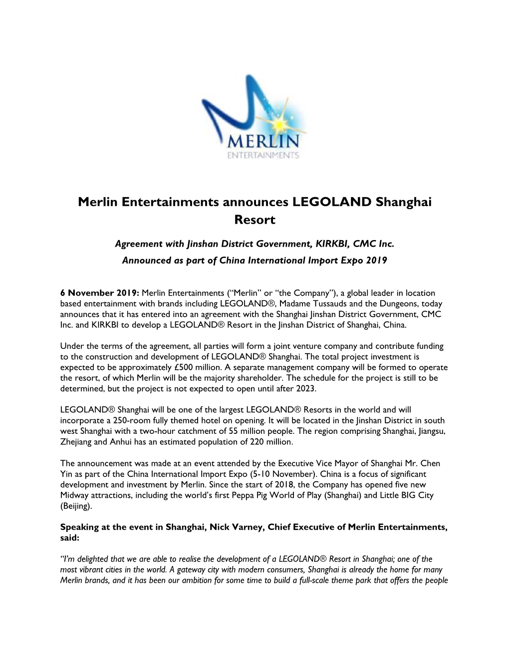 Merlin Entertainments Announces LEGOLAND Shanghai Resort
