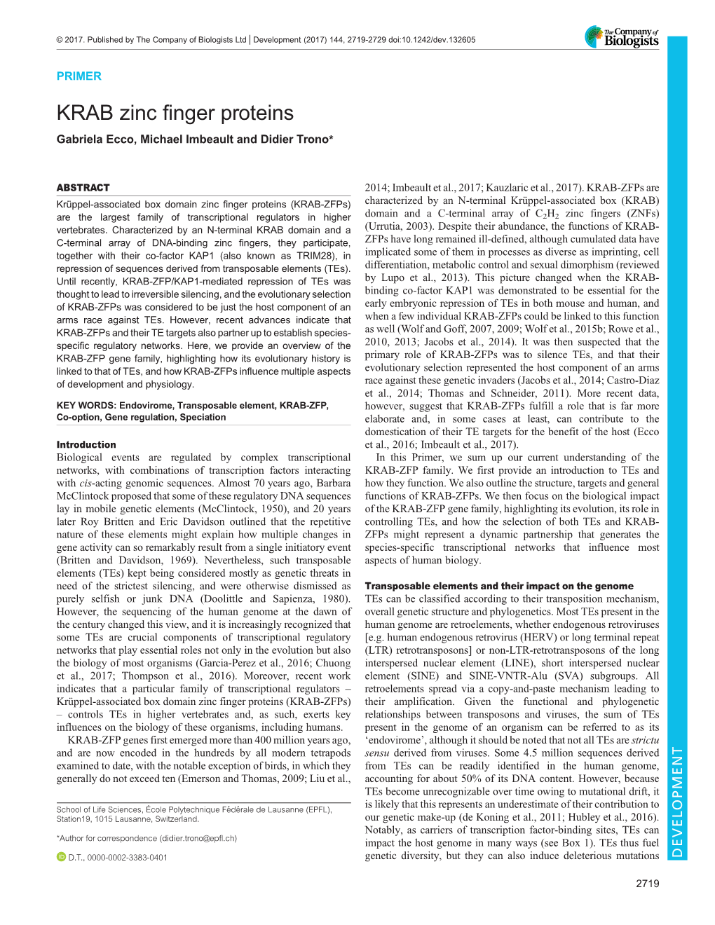 KRAB Zinc Finger Proteins Gabriela Ecco, Michael Imbeault and Didier Trono*