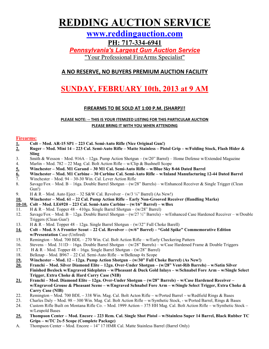 REDDING AUCTION SERVICE PH: 717-334-6941 Pennsylvania's Largest Gun Auction Service "Your Professional Firearms Specialist"