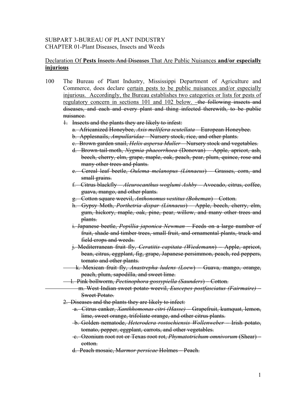 SUBPART 3-BUREAU of PLANT INDUSTRY CHAPTER 01-Plant Diseases, Insects and Weeds