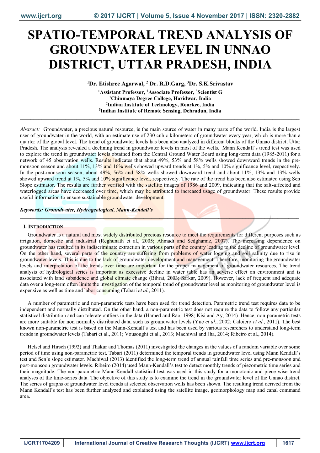 Spatio-Temporal Trend Analysis of Groundwater Level in Unnao District, Uttar Pradesh, India