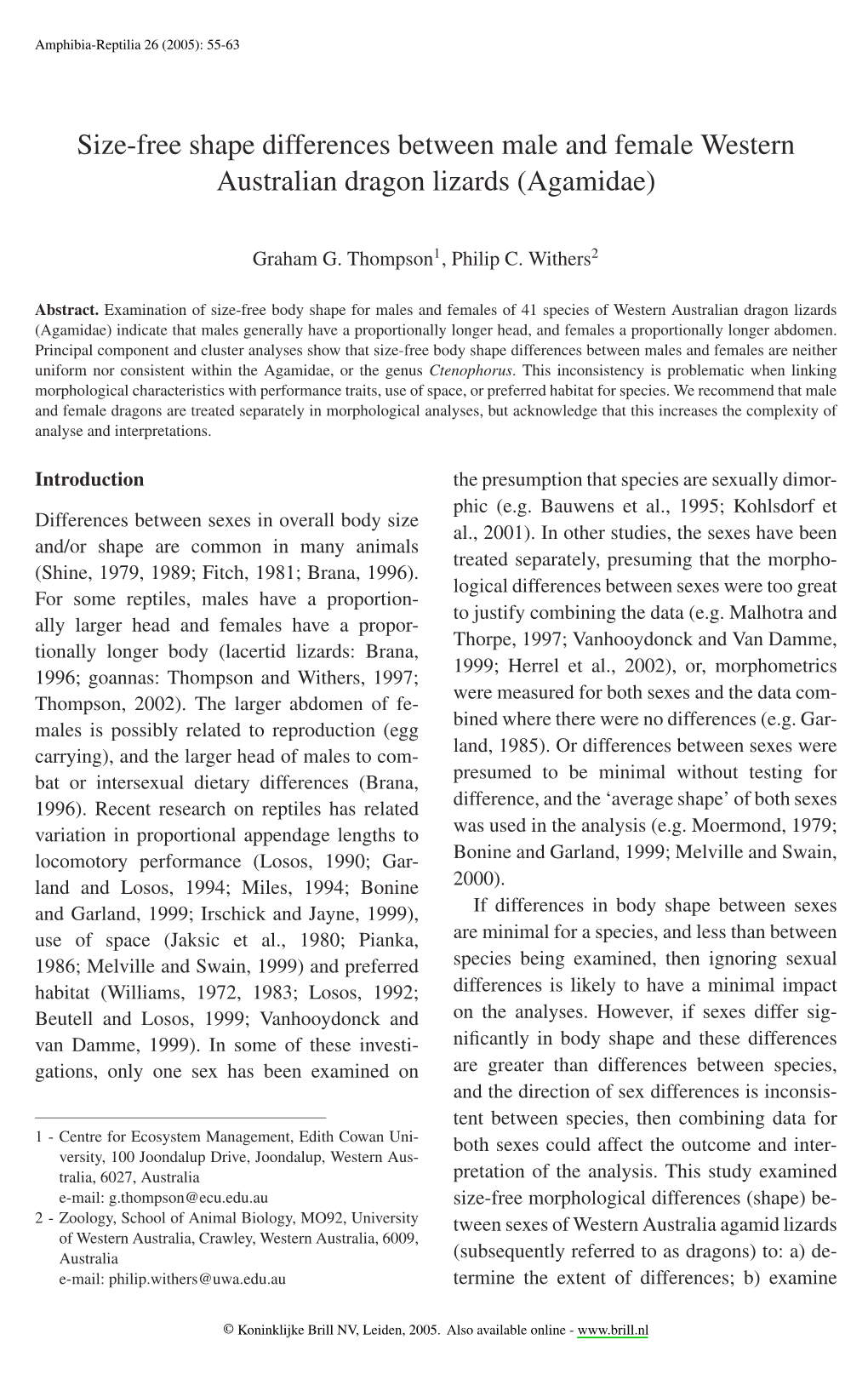 Size-Free Shape Differences Between Male and Female Western Australian Dragon Lizards (Agamidae)