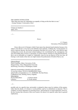 THE GISSING NEWSLETTER “More Than Most Men Am I Dependent on Sympathy to Bring out the Best That Is in Me.” – George Gissing’S Commonplace Book