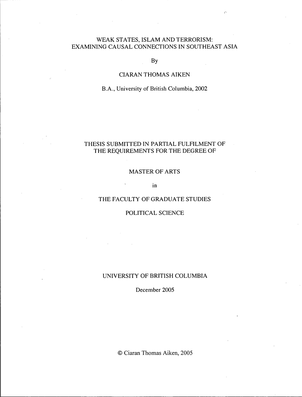 Weak States, Islam and Terrorism: Examining Causal Connections in Southeast Asia