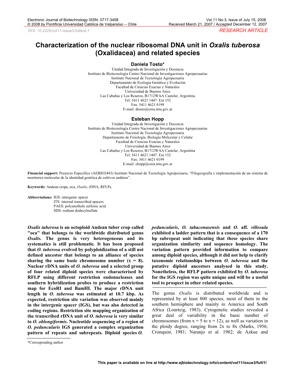 Characterization of the Nuclear Ribosomal DNA Unit in Oxalis Tuberosa (Oxalidacea) and Related Species